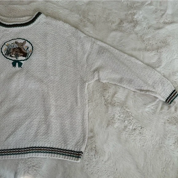 Vintage knit cream colored Fawn/ baby deer sweater - Picture 4 of 13